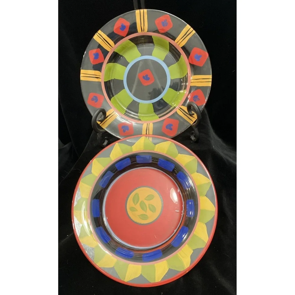 Clear Art Glass Hand Painted Vibrant Colorful Display or Dinner Plates Set of 2